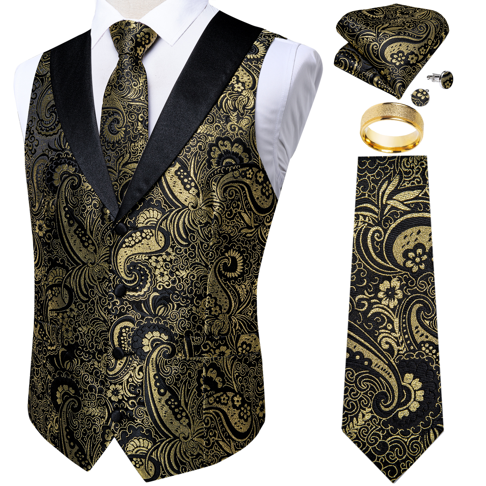 Pocket Square Set - Black Gold Paisly Vest Suit Set