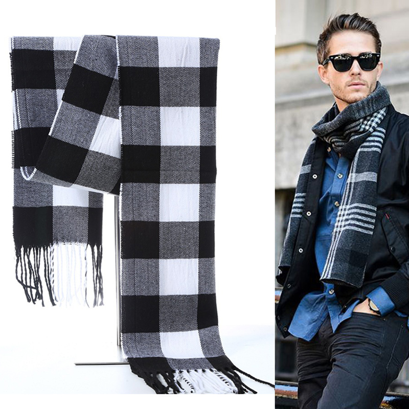 Muffler Men Wool - Winter Men Scarf Plaid Stripe Shawl