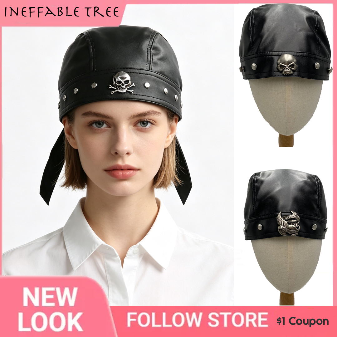 Bandana Doo Rag - PU Leather Black Biker Adjustable Hats
