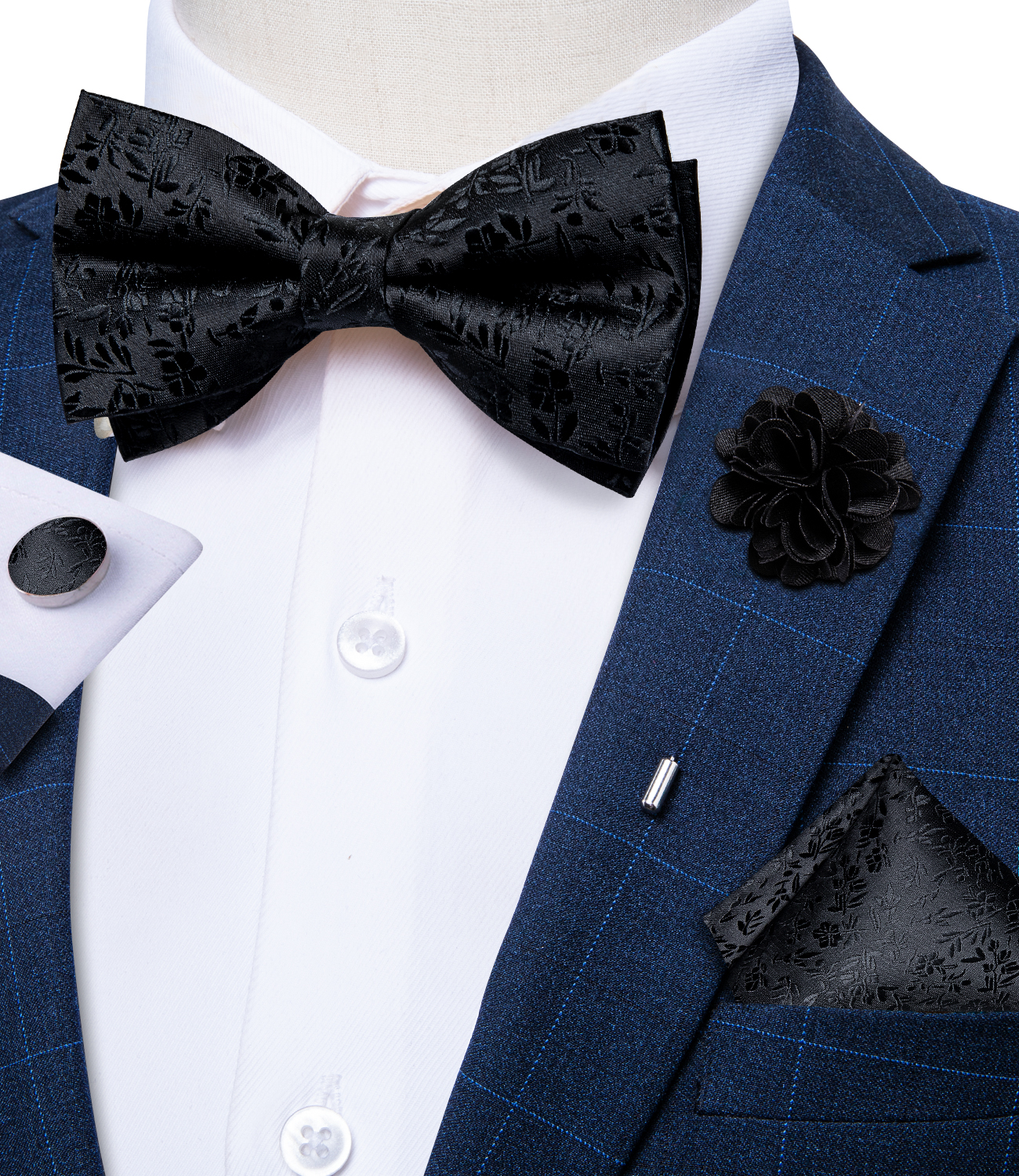 Bow Tie Pre Tied - 4Pcs Black Solid Floral Men's Pre-tied