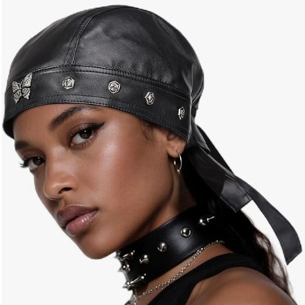 Bandana Doo Rag - New PU Leather Black Biker Cap