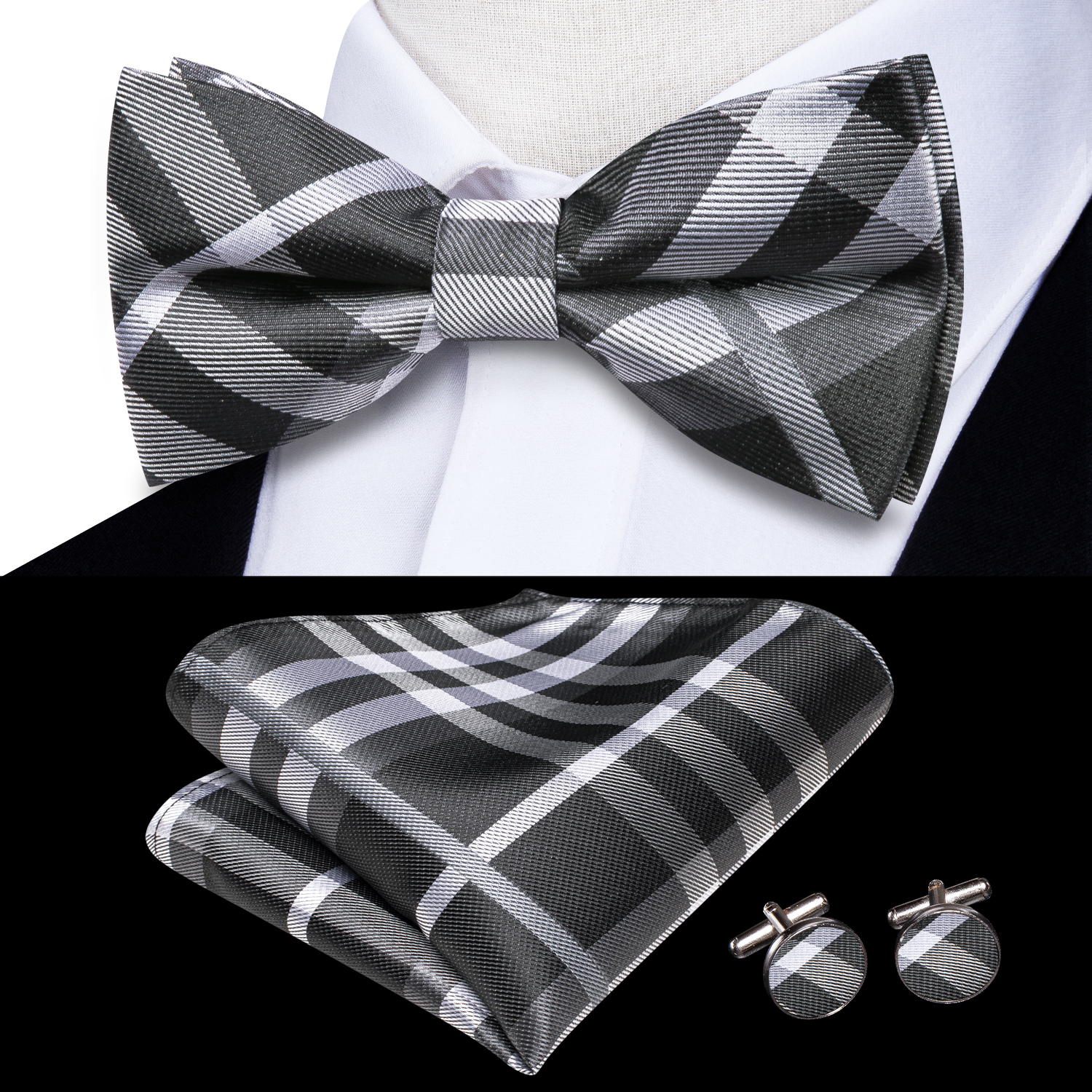 Hi-Tie Grey Plaid Jacquard Pre - Bow Tie Pre Tied 评论和价格