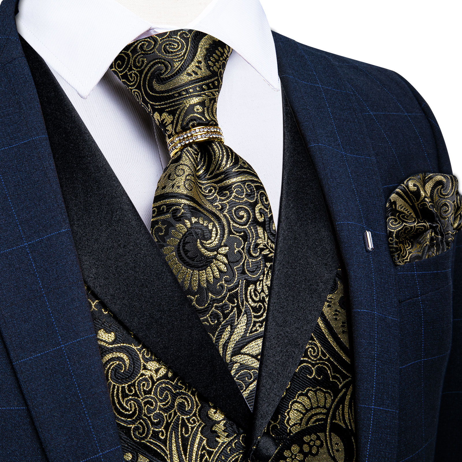 Black Gold Paisly Vest Suit Se - Pocket Square Set 评论和价格