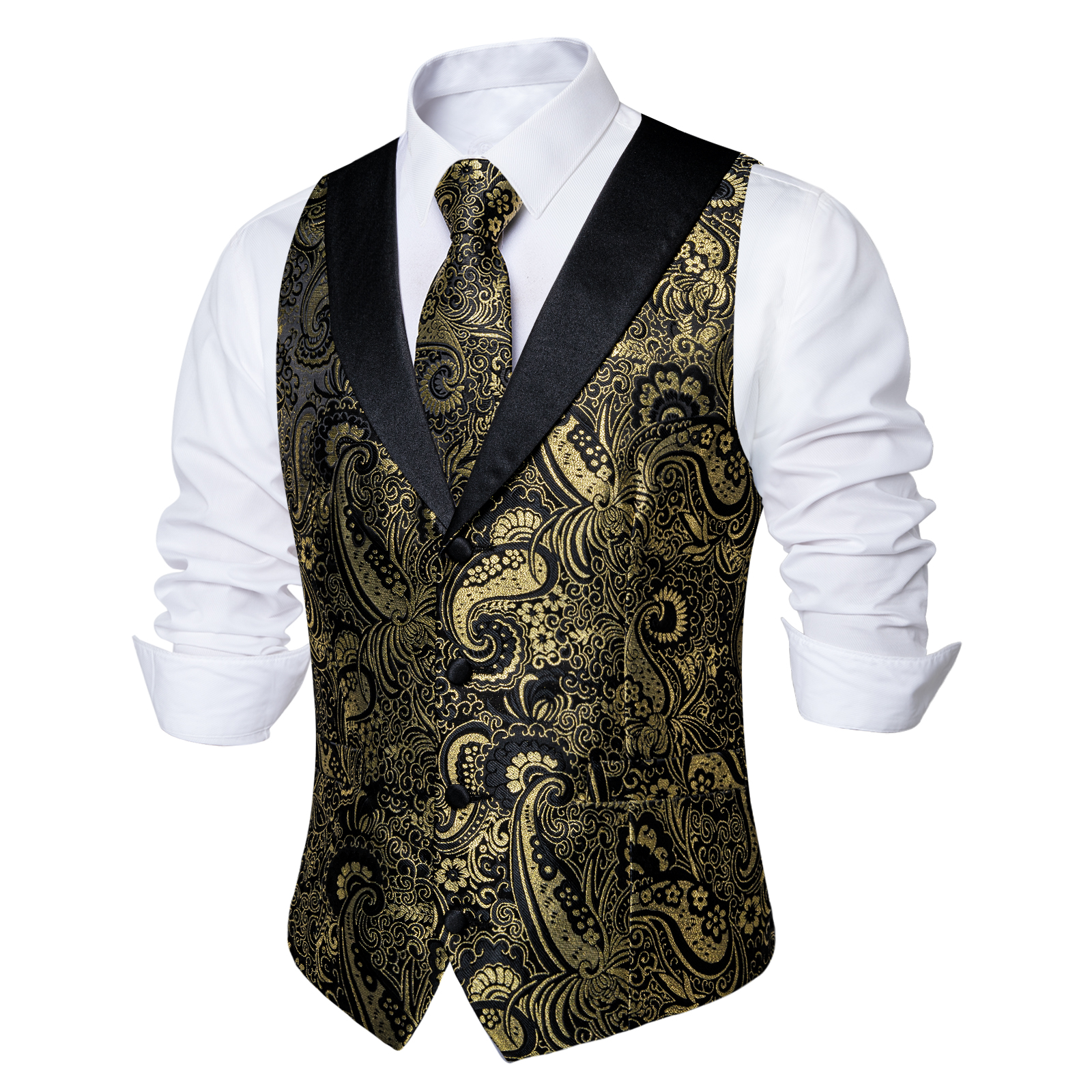 Black Gold Paisly Vest Suit Se - Pocket Square Set 评论和价格
