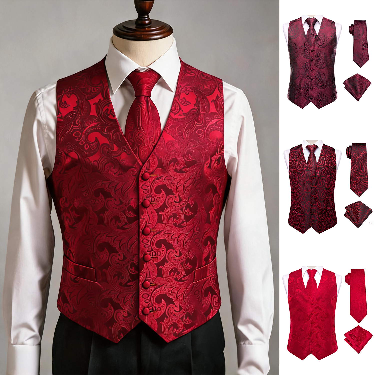 Red Men Vest Three-Piece Suit  - Pocket Square Set 评论和价格