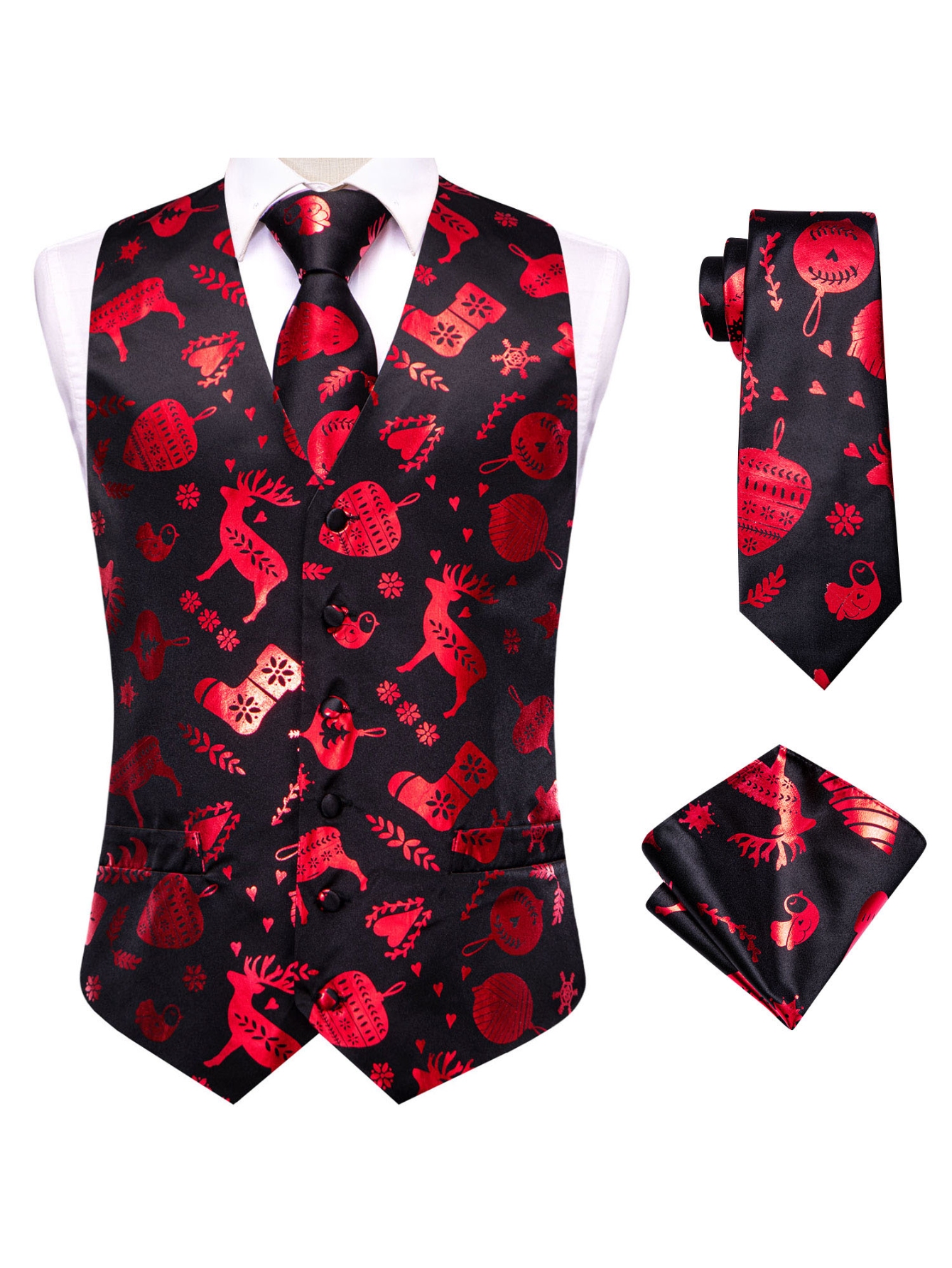 Red Men Vest Three-Piece Suit  - Pocket Square Set 评论和价格