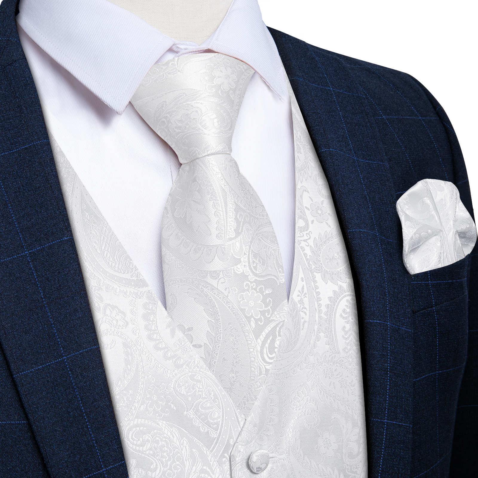 Pure White Wedding Vest for Ma - Pocket Square Set 评论和价格