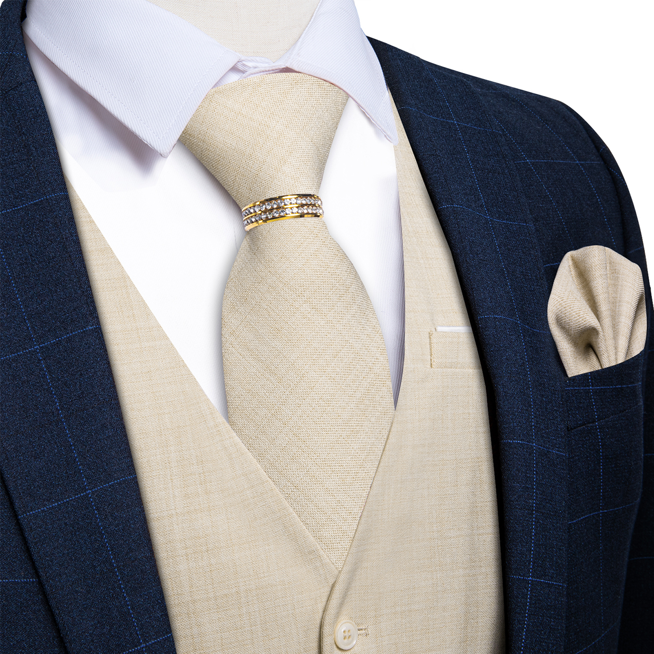 Beige Linen Textured V-Neck Ve - Pocket Square Set 评论和价格