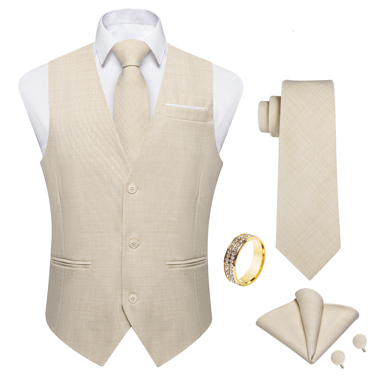 Beige Linen Textured V-Neck Ve - Pocket Square Set 评论和价格