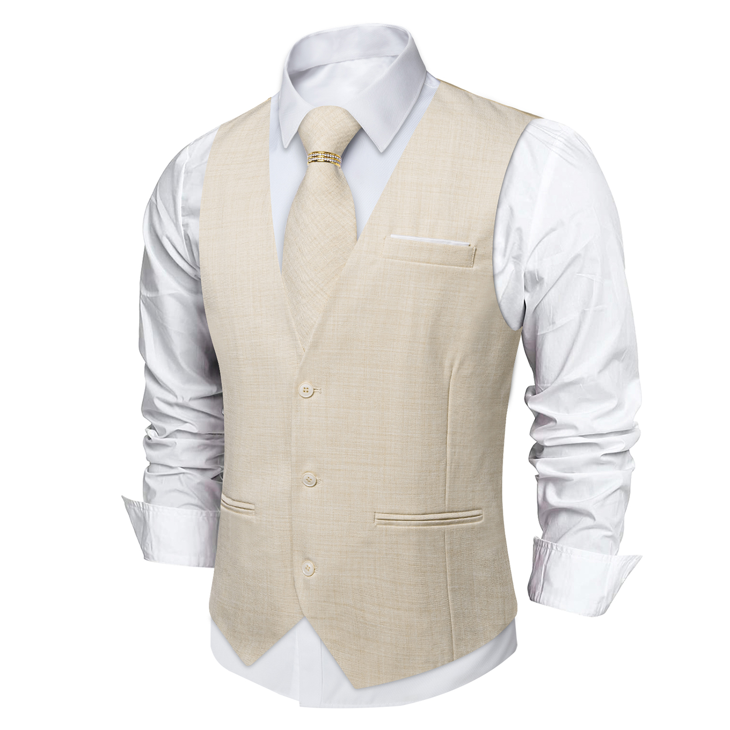 Beige Linen Textured V-Neck Ve - Pocket Square Set 评论和价格
